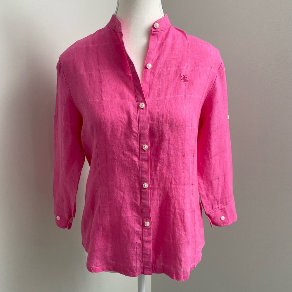 Vintage Lauren Ralph Lauren 100% Linen Pink Button Down Top Size Medium Petite